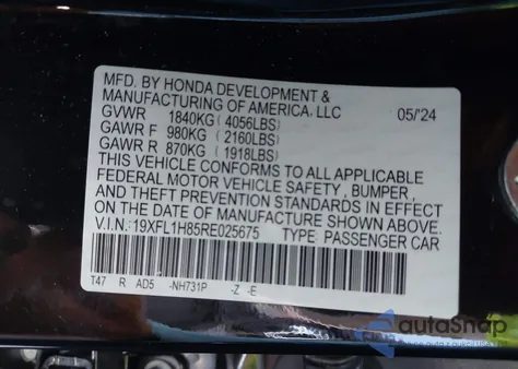 2024 Honda Civic Sport Touring from USA, damaged, VIN 19XFL1H85RE025675